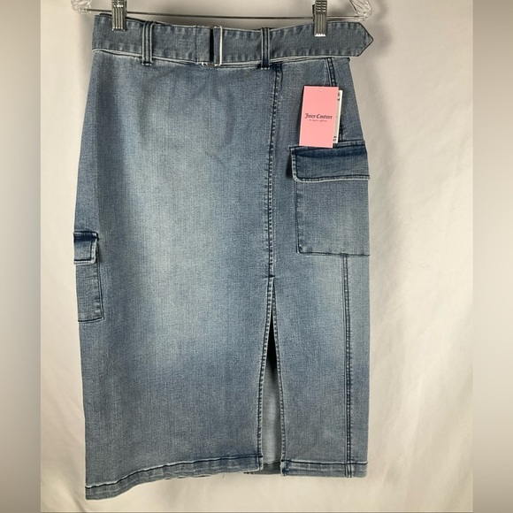 NWT Juicy Couture Size 29  Med Wash Denim Midi Cargo/Nomad Skirt W/ Belt - Picture 1 of 12
